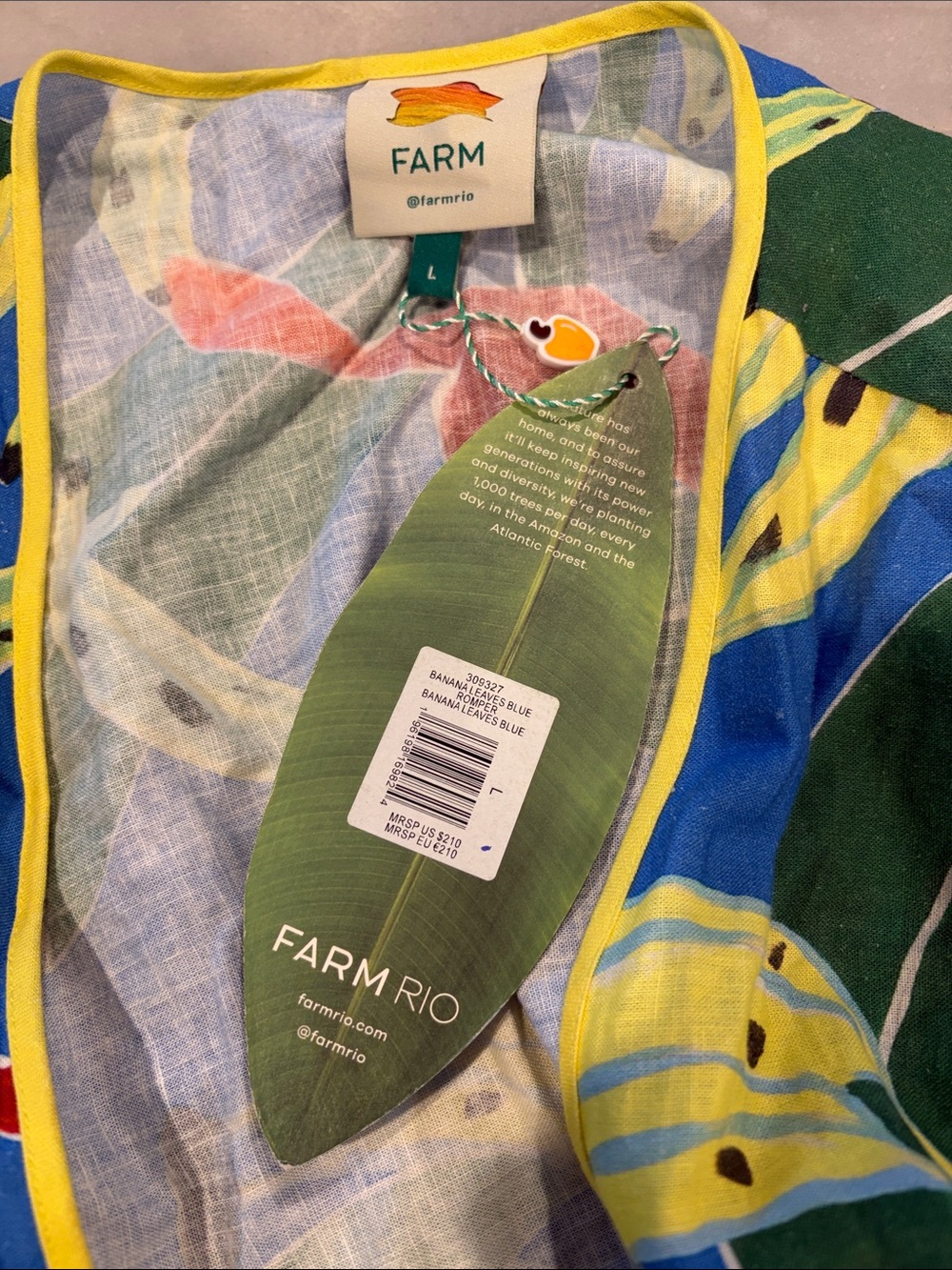 Farm Rio NWT Blue Banana Leaves Tropical V-Neck Drawstring Linen Romper, size L - Picture 11 of 14